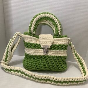 Green and White Crossbody Bag with Stripes and Structured Shape Handmade
